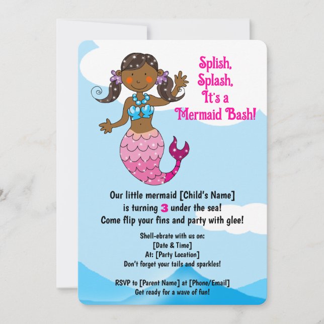 Convites Sereia personalizável Cabelo Design escuro (Frente)