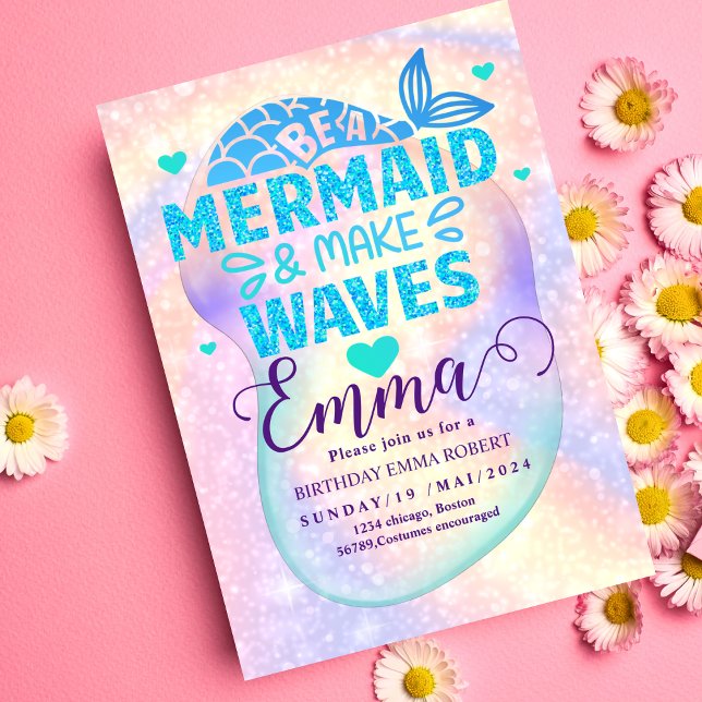 Convites Sereia, Piscina do mar, Festa Rosa, Brilho (Criador carregado)