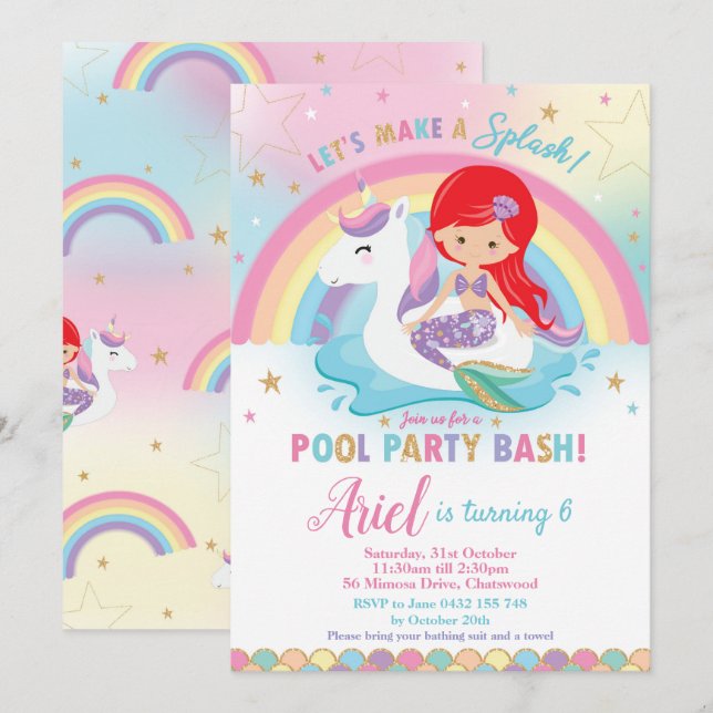 Convites Sereia Piscina do Partido Birthday Red Hair Girl (Frente/Verso)