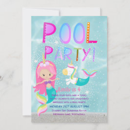 Convites Sereia, PISCINA do Unicórnio, Glitter Rosa, Garota