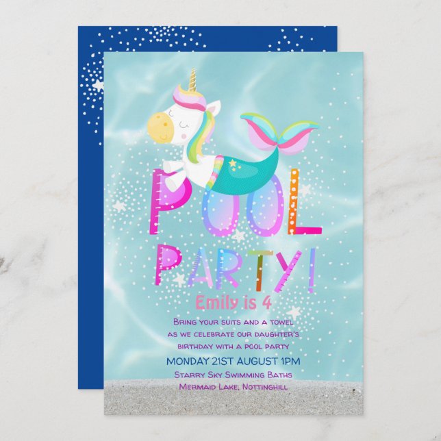Convites Sereia, PISCINA do Unicórnio, Glitter Rosa, Garota (Frente/Verso)