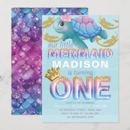 Convites Sereia Primeiro Aniversário Cor-de-Rosa Azul Doura
