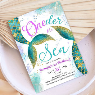 Convites Sereia primeiro aniversario Roxo Teal ONEder mar