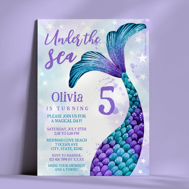 Convites Sereia - Púrpura + Coloração d'água Teal Aniversár (Mermaid Tail in Purple + Teal Watercolor Birthday Invitation)