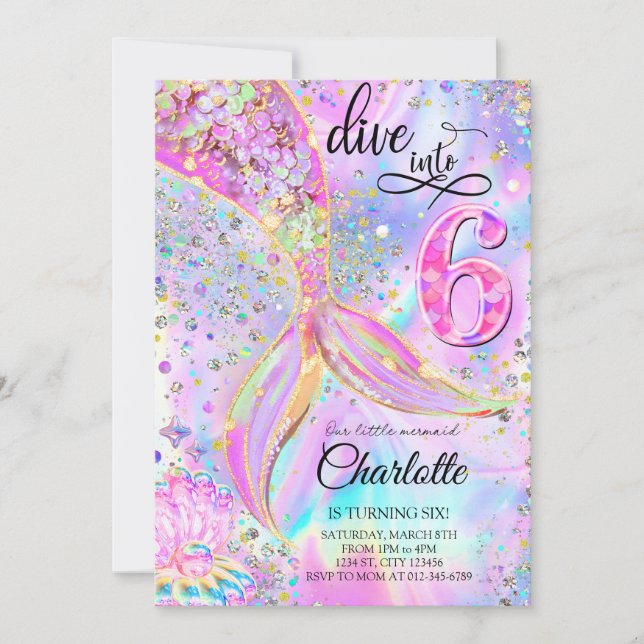 Convites Sereia Púrpura Rosa Mergulha em Seis 6 (Frente)
