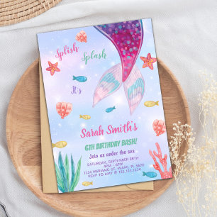 Convites Sereia Rosa Escura Personalizável Aniversário