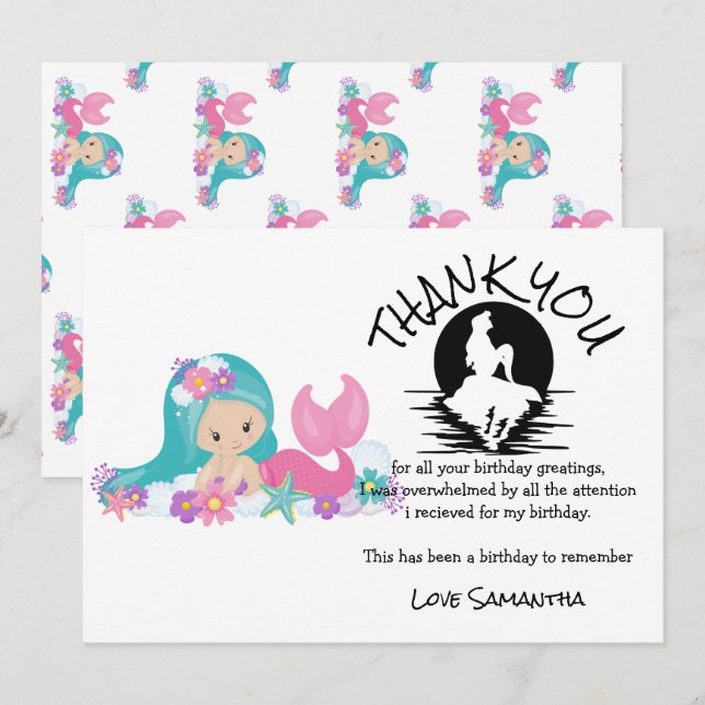 Convites Sereia Rosa Festa de aniversário Púrpura Obrigado (Frente/Verso)