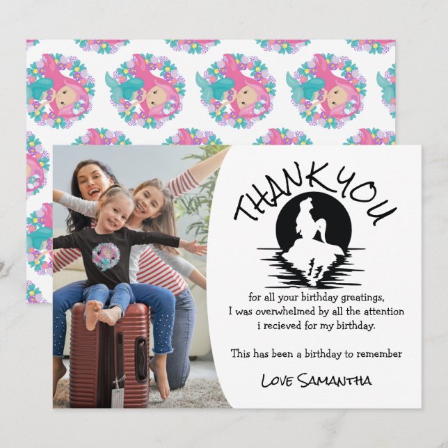 Convites Sereia Rosa Festa de aniversário Púrpura Obrigado (Frente/Verso)