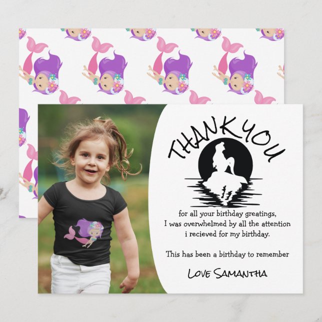 Convites Sereia Rosa Festa de aniversário Púrpura Obrigado (Frente/Verso)