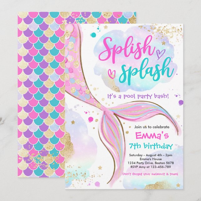 Convites Sereia Rosa, Piscina-Sereia, Sob O Mar (Frente/Verso)