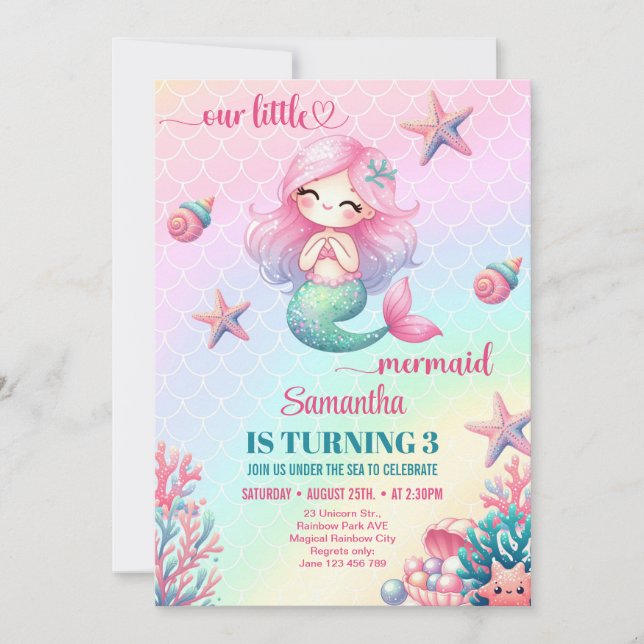 Convites Sereia rosa roxa aniversário de 3 anos (Frente)