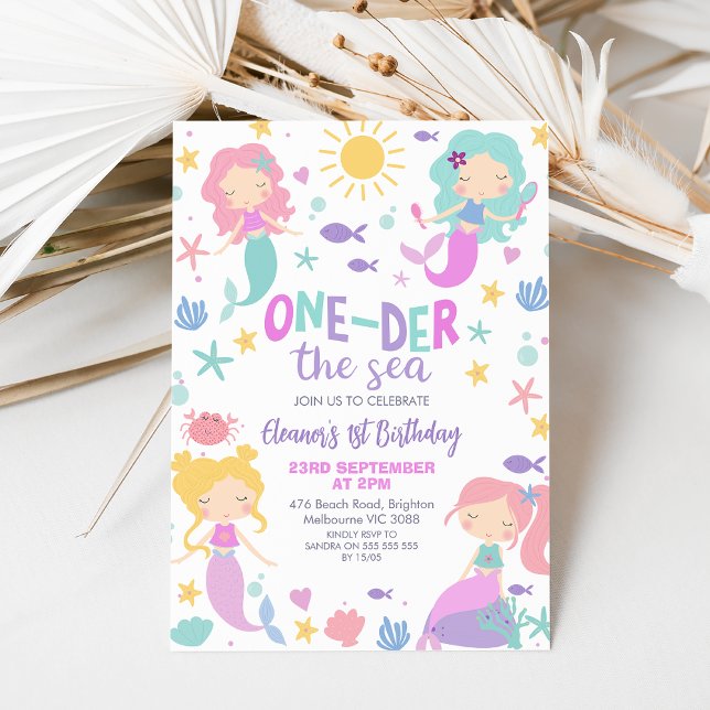 Convites Sereia Roxa Abaixo Do primeiro aniversario Do Mar (Editable Oneder the Sea Mermaid Invitation, First 1st Mermaid Birthday Invitation, Little Mermaid)