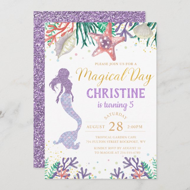 Convites Sereia Roxa De Louro Sob O Aniversário Do Mar (Frente/Verso)