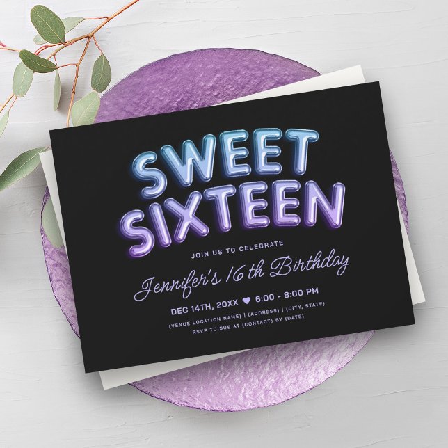 Convites Sereia Roxos Roxos Negros Doce 16 (Mermaid Teal Purple Balloons Black Sweet 16 Invitation)