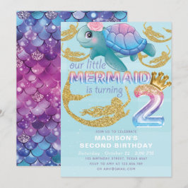 Convites Sereia Segundo Aniversário Cor-de-Rosa Azul Dourad