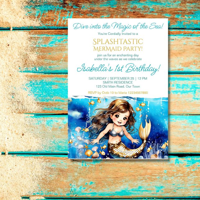 Convites Sereia sob a festa de aniversário das garotas boni (Mermaid under the sea birthday party template invitation cute baby mermaid with sea shells gold fish)