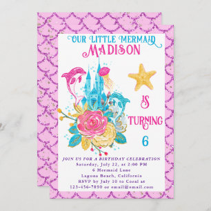 Convites Sereia sob a Festa de aniversário rosa-claro-marin