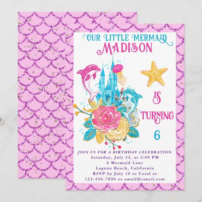 Convites Sereia sob a Festa de aniversário rosa-claro-marin (Frente/Verso)