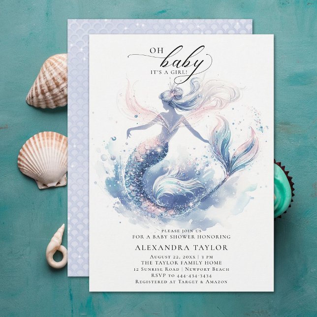 Convites Sereia Sob Chá de fraldas De Menina Elegante Do Ma (under the sea mermaid girl baby shower invitation elegant watercolor modern classy chic)