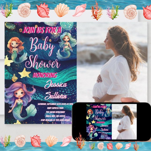 Convites Sereia Sob O Chá de fraldas De Fotografias Da Galá (Mermaid Ocean Galaxy Baby Shower Invitation)