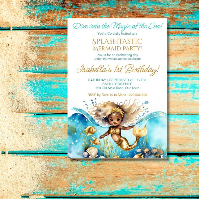 Convites Sereia sob o mar, festa de garotinha africana (Mermaid under the sea birthday party template invitation cute African baby girl withg old  seashells)
