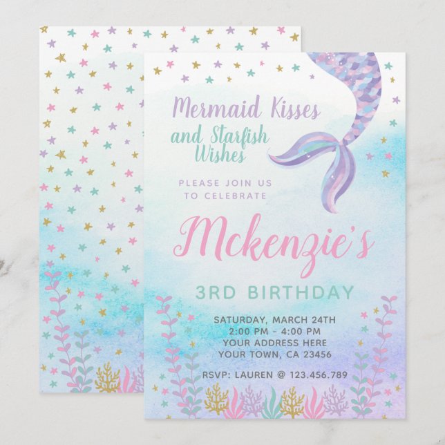 Convites Sereia, Sob o Mar, Mágico (Frente/Verso)