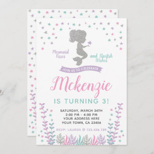 Convites Sereia, Sob o Mar, Prata e Roxo