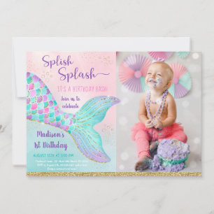 Convites Sereia Sob O Mar Rosa Dourado Aniversário