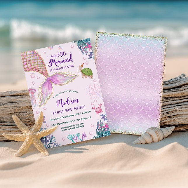Convites Sereia Sob O Partido do primeiro aniversario Marít (Little mermaid 1st birhtday party invitation)