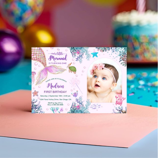 Convites Sereia Sob O Partido do primeiro aniversario Marít (Mermaid under the sea 1st Birthday Party Invitation)