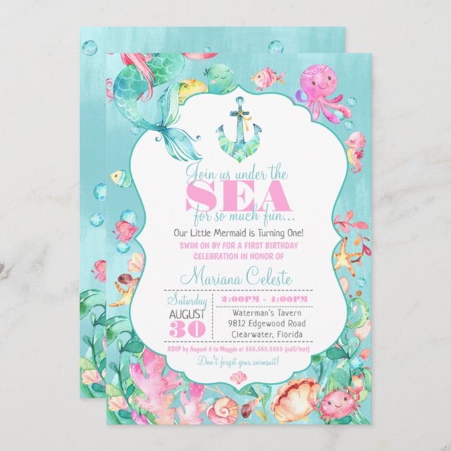 Convites Sereia Sob O Primeiro Aniversário Marítimo Náutico (Frente/Verso)