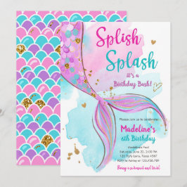 Convites Sereia Splash Birthday Bash Girl Dourada Invi