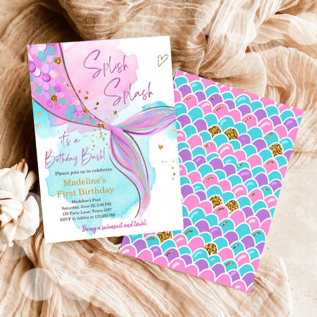 Convites Sereia Splish Splash Piscina Party Girl Aniversári (Criador carregado)