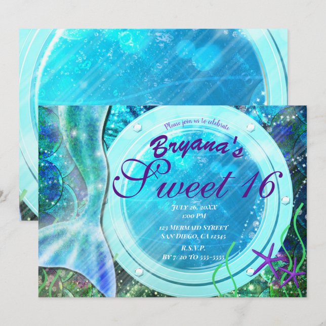 Convites Sereia Tail Magic embaixo do mar Doce 16 Aniversár (Frente/Verso)