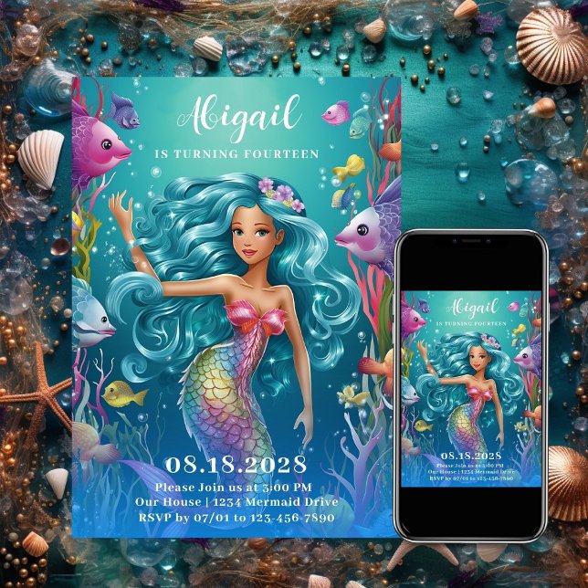 Convites Sereia Whimsical Glamorosa Sob O Aniversário Do Ma (Glamorous Whimsical Mermaid Under the Sea Birthday Invitation)