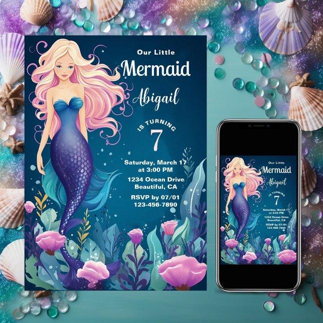 Convites Sereia Whimsical Sob O Mar Aniversário (Whimsical Mermaid Under the Sea Ocean Birthday Invitation)