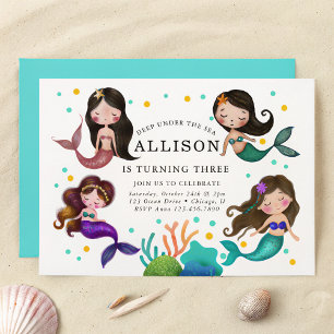 Convites Sereias bonito no Aniversário das Meninas do Mar