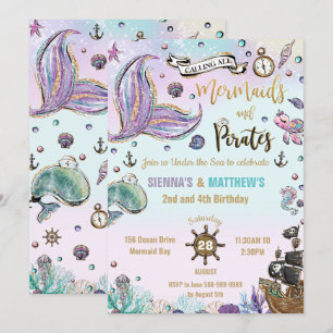 Convites Sereias e Piratas Gêmeos Aniversário Sob o Mar