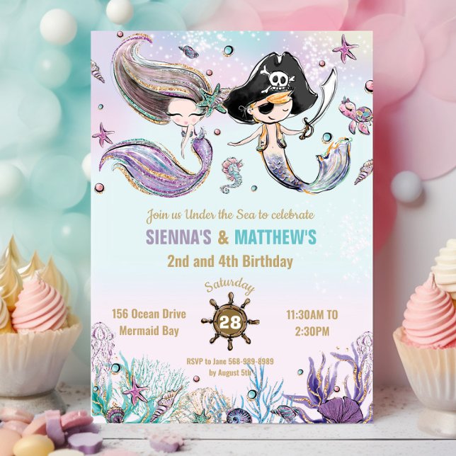 Convites Sereias e Piratas Gêmeos Irmãos Aniversário Conjun (whimsical-brunette-mermaid-and-pirate-under-the-sea-pool-birthday-party-twins-joint-invitation-cards)