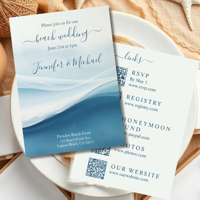 Convites Serene Blue Beach Wedding-All In One (Serene Blue Abstract Beach Wedding Invitation All In One)