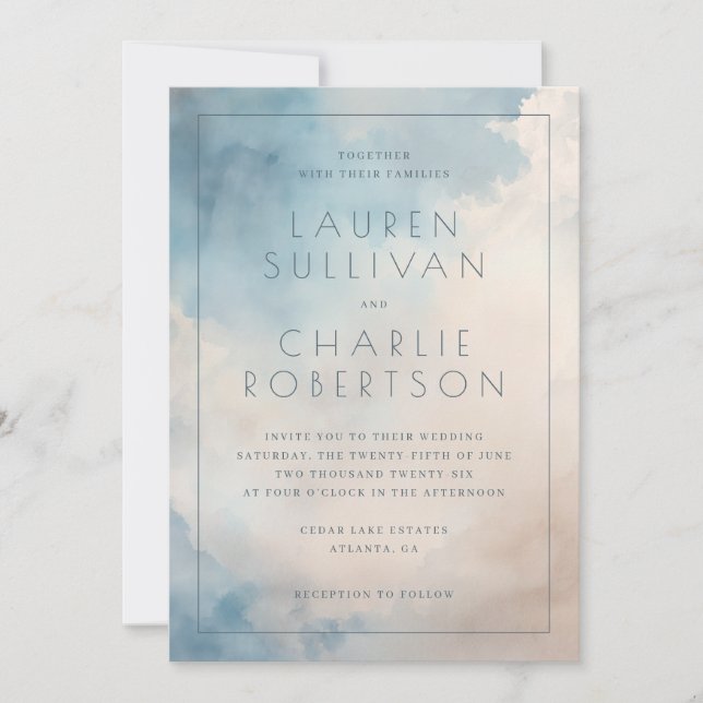 Convites Serene Blue Watercolor Wedding Invitation (Frente)