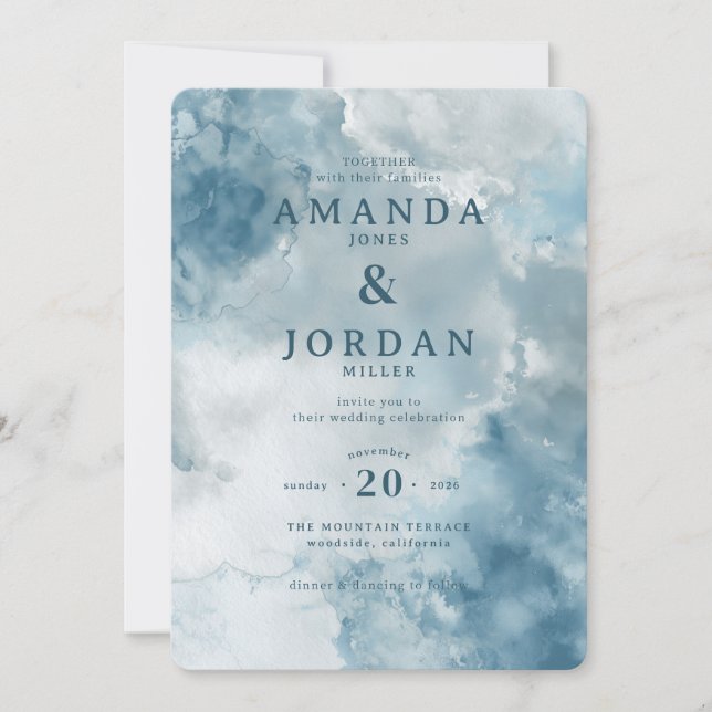 Convites Serene Blue Watercolor Wedding Invitation (Frente)