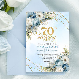 Convites Serene dusty blue watercolor florals 70th birthday