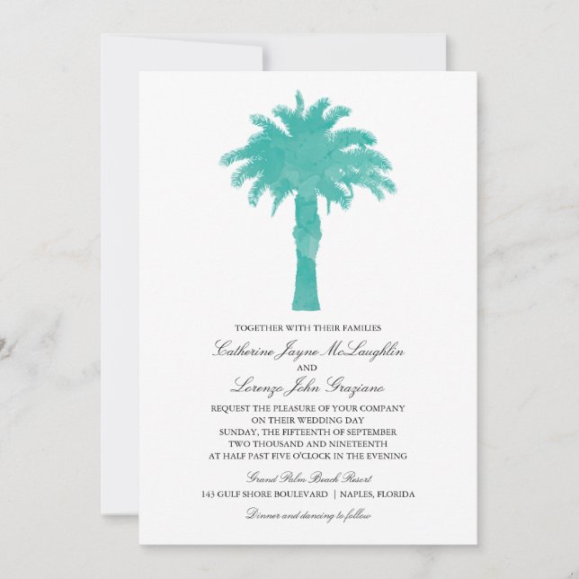 Convites Serene Palm Tree Watercolor | Casamento (Frente)