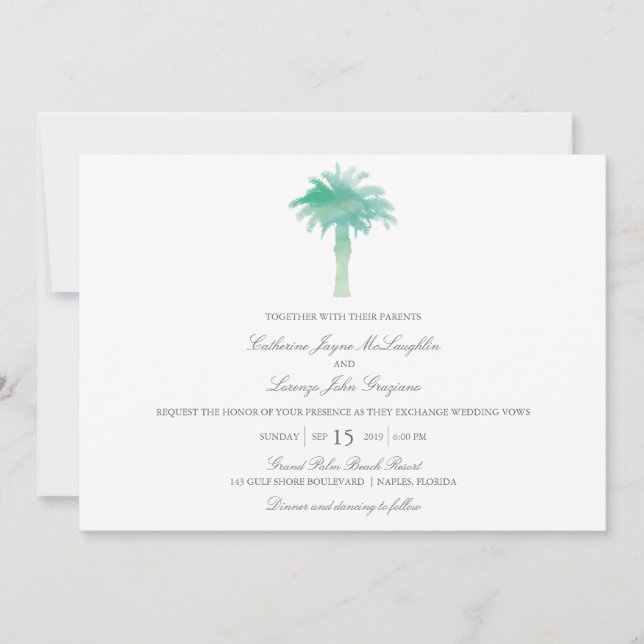 Convites Serene Palm Tree Watercolor | Casamento (Frente)