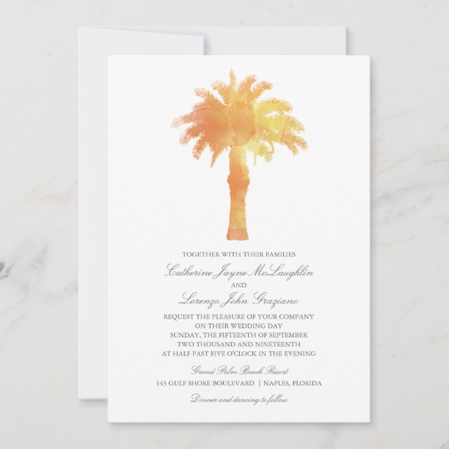 Convites Serene Palm Tree Watercolor | Casamento (Frente)