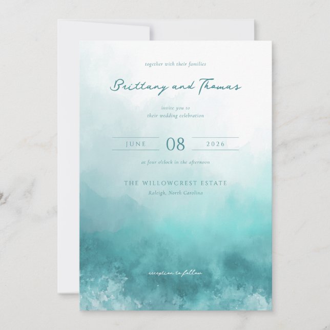 Convites Serene Teal Watercolor Waves (Frente)