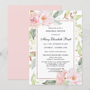 Convites Serviço de Memória Floral Dourada Elegante Rosa