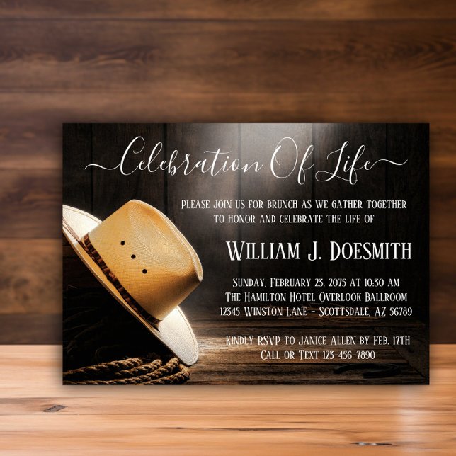 Convites Serviço de Memória Funeral do Cowboy (Cowboy hat and rope memorial and funeral announcement. Simply add your event details.)