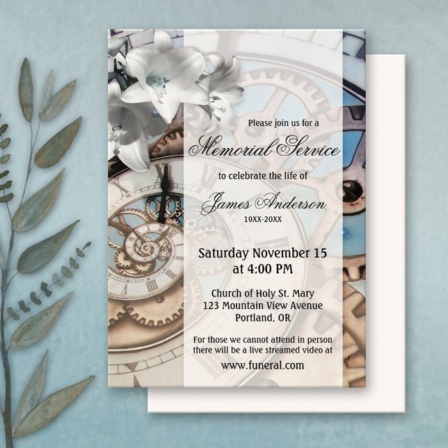 Convites Serviço de Memória Funeral do Relógio Steampunk (Memorial, funeral service or celebration of life invitation featuring a steampunk clock design)